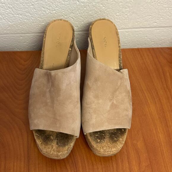 Vince Wyatt Platform Sandal Slides Cork Heel Size 11 Oatmeal Beige Suede Leather - Picture 3 of 13